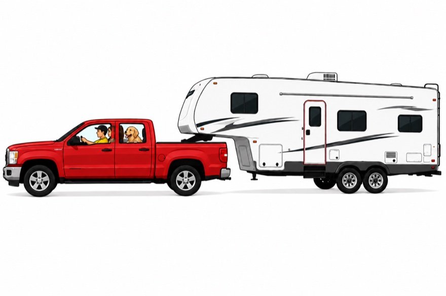 Pickup towing a fifth-wheel trailer