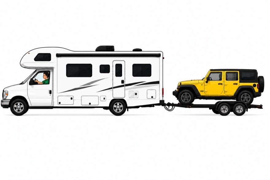 Motorhome towing a car