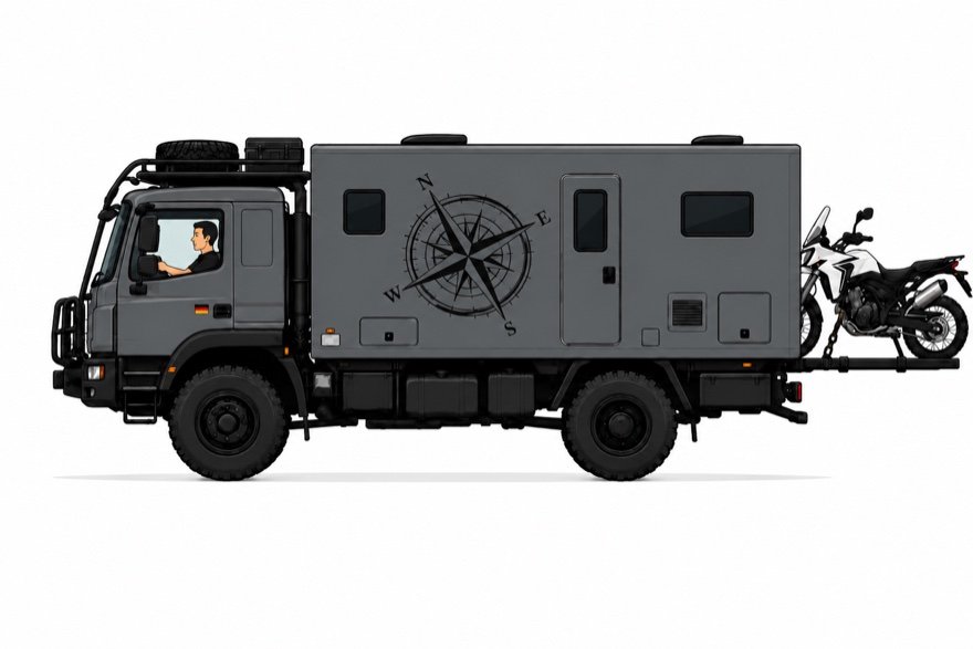 Expedition truck carrying a motorbike